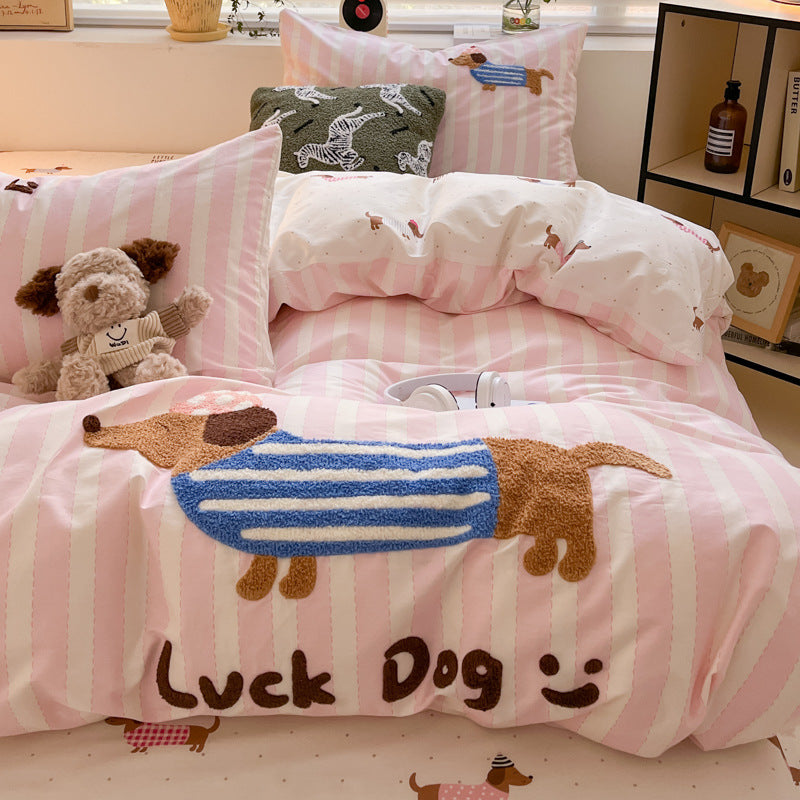 Cotton Embroidery Four-piece Set Bed Sheet Fitted, Pillow Cover & Duvets Cover