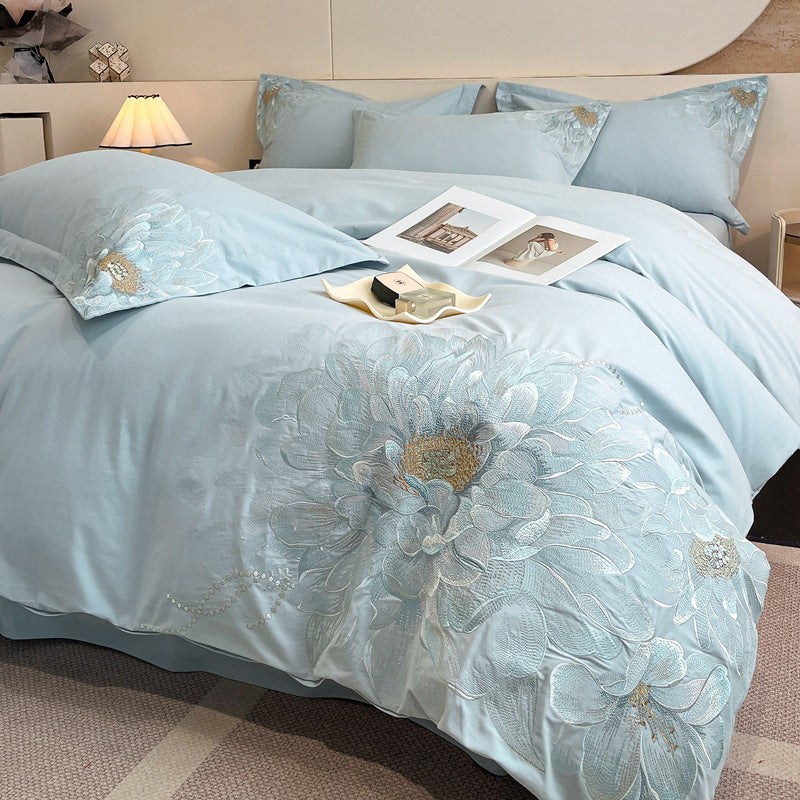 Bed Cotton Flower Embroidered Quilt Fitted Sheet Set Four Pcs Pillow Cover, Bed Sheet & Duvets Cover